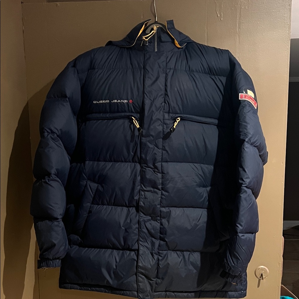 Guess Men's Vintage Deep Blue Reversible Down Hooded Puffer Parka Coat Sz L